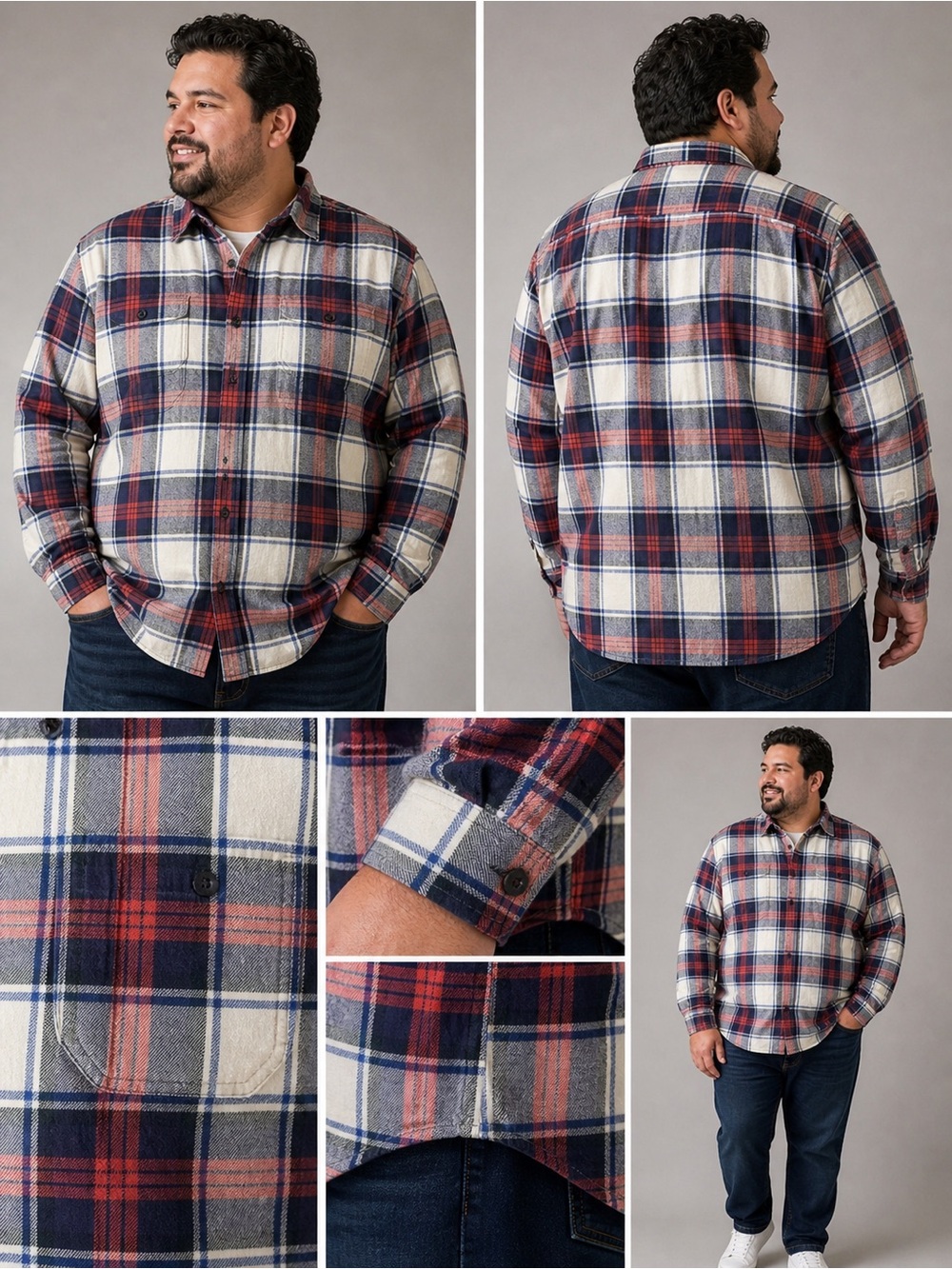 Lucky Brand Mens XXL Classic Fit Plaid Flannel Shirt Navy Red White Long Sleeve